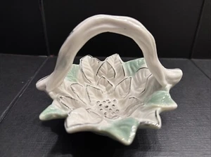Small Porcelain Handled Basket White Green Flower Silver Tone Outline Glazed 5" - Picture 1 of 7