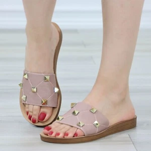 Flat Comfort Flexible Sandal Slip On Sliders Gold Studs Glittery Toe Band Womens - Picture 1 of 15