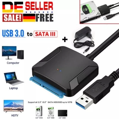 USB 3.0 zu SATA Adapter für 2.5" 3.5" Festplatte Kabel HDD SDD Konverter-Schwarz - Bild 1 von 4