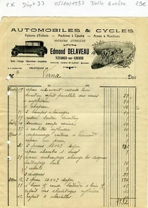 Dépt 37 - Yzeures sur Creuses - Belle Entête Secteur Automobiles & Cycles 1937 - Imagen 1 de 1