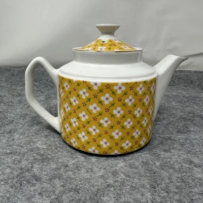 Tetera Cerámica Amarillo Patrón Floral Blanco con Tapa Borde Dorado Decoración Cocina Foto 1 de 4