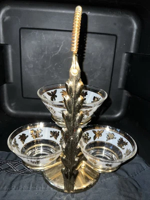13.5” MCM Gold  Tone Metal Relish Condiment Server Rack With Three Glass Bowls - Image 1 of 4