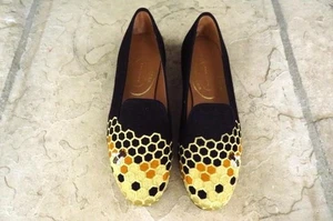 NEW Womens Stubbs & Wootton Black Velvet Honeycomb + Bees Loafer Shoes 7 - Picture 1 of 4