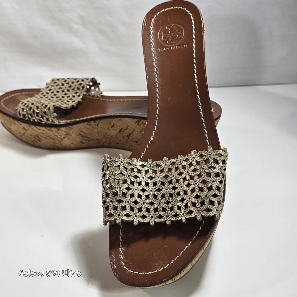 Tory Burch Daisy Gold Metallic Leather Slide Cork Wedge Sandals Sz 9.5 M - Image 1 of 4