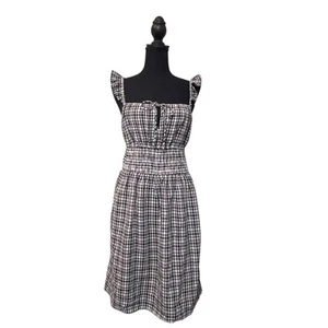 WAYF Black White Gingham Check Smocked Waist Ruffle Strap Medium Lined Tie Front - Picture 1 of 10
