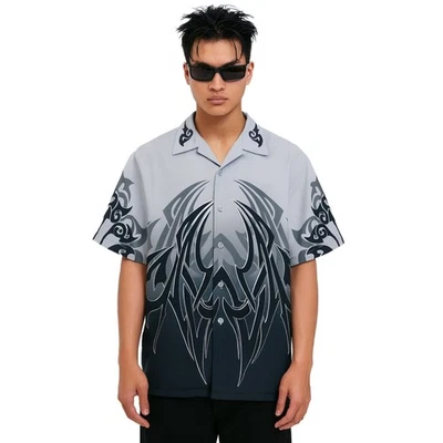 VTG Dragonfly Shirt Men M Gray Black Tribal Flame Button Loop Collar Grunge Bike - Image 1 of 4