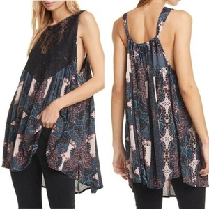 FREE PEOPLE Count Me In Top Black Lace Detail Boho Print Tunic Tank Size XS - Picture 1 of 10
