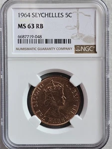 Seychelles 5 Cents 1964 NGC MS 63 RB - Picture 1 of 2
