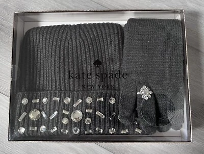 KATE SPADE Beanie and Glove GEM BOX SET, $138  Charcoal GREY New in Box - Image 1 of 4