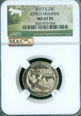 2017 S EFFIGY MOUNDS QUARTER NGC MS67 PL FINEST GRADE MAC SPOTLESS RARE * - Image 1 of 2