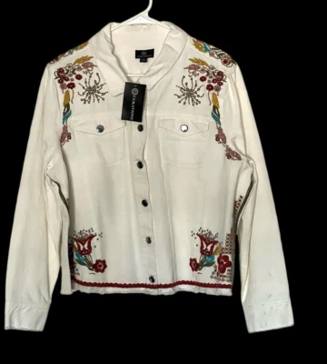 Curations Womens Denim Jacket Floral Embroidered Studded ~ White ~ Size 1x ~ NWT - Image 1 of 4