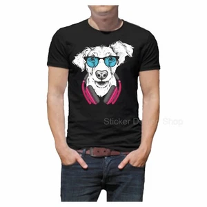 Dog with Glasses & Headphones T-Shirt Print Unisex Cotton Fruit of The Loom - Picture 1 of 1