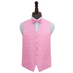DQT Woven Floral Paisley Baby Pink Mens Wedding Waistcoat & Bow Tie Set - Picture 1 of 4