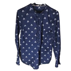 Joules Navy blue button ruffle blouse Women’s Size 6 cotton bee print (Dt) - Picture 1 of 5