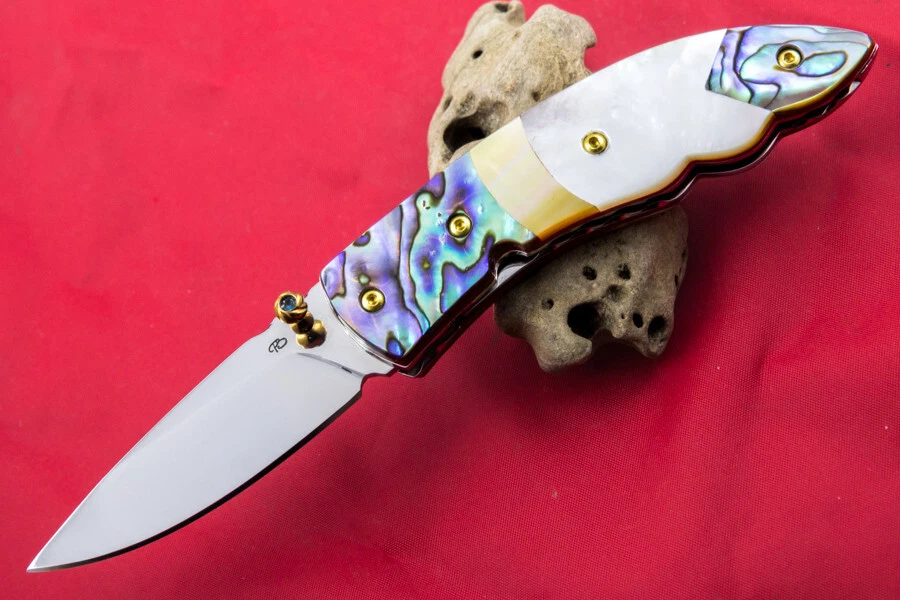 CUSTOM TS HANDMADE FOLDING KNIFE 440C DROP POINT ABALONE WHITE PEARL TOPAZ STUD - Image 1 of 4