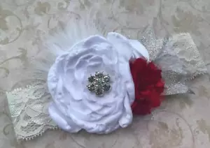 White & Red Triple Flower Jeweled Wide Stretch Lace Headband - Picture 1 of 2