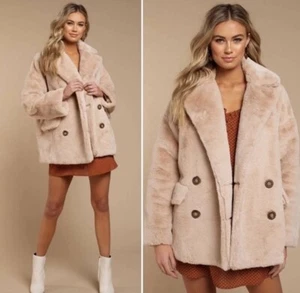 Free People Kate Faux Fur Double Breasted Teddy Coat Apricot Sz XS - Picture 1 of 14