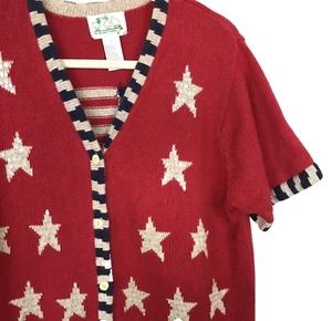 Quaker Factory Cardigan Sweater Women's L Short Sleeve Red Stars Stripes Sequins - Picture 1 of 7