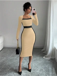 Elenzga Square Neck Color Block Figure Hugging Sexy Women Dress Maxi WomenOutfit - Foto 1 di 7