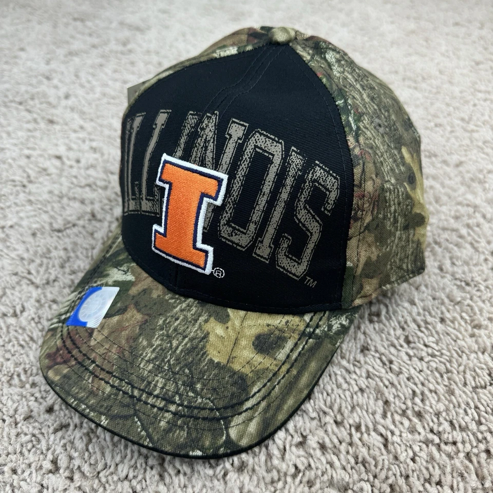 Illinois Illini Hat Adjustable Mossy Oak Camo Black Arched Spellout Vtg Cap NOS - Image 1 of 4