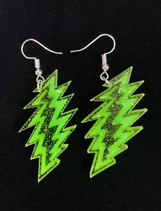 Grateful Dead 13 lightning bolt earrings GLOW GREEN deadhead hippie Jerry Garcia - Picture 1 of 2