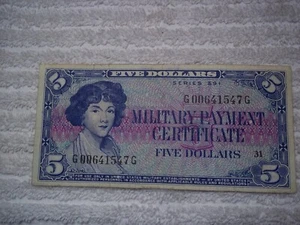 MPC 591 $5 Military Payment Certificate pp31 PROBLEM FREE KEY $5 NOTE - Picture 1 of 2