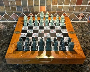 Asian Soapstone Figures Chess Game Set Carved Dragon Wood Case Inlaid Tile - Picture 1 of 24