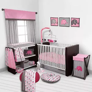  Elephant Crib Bedding in a Bag 10-Piece Set Nursery Pink Grey Animals Jungle - Picture 1 of 12