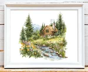 Berg Wandbild Kunstdruck, Waldhütte Wandbild Deko, Wald Wohndeko #321 - Bild 1 von 2