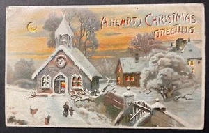 A Hearty Christmas Greeting Hold to Light printed Church in the Snow at night - Picture 1 of 3