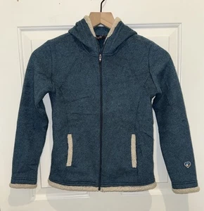 Kuhl Apres Hoodie Hooded Fleece Jacket Blue Tan Full Zip Girls Medium M - Picture 1 of 11