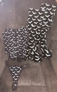 Goth Outfit Bat Pattern Corset Thong & Boots - Picture 1 of 7
