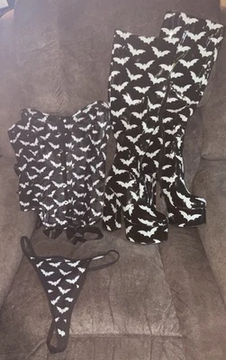 Sexy Goth Outfit Bat Pattern Corset Thong & Boots - Image 1 of 4