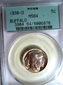 1938-D BUFFALO NICKEL~PCGS CERTIFIED MS64 IN COLLECTIBLE OLD 3.0 HOLDER* - Picture 1 of 5