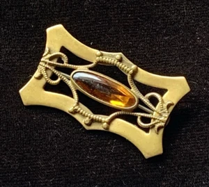 Vtg Art Nouveau Yellow Topaz ? Faceted Glass C Clap Oval Brass Pin Brooch - Picture 1 of 11