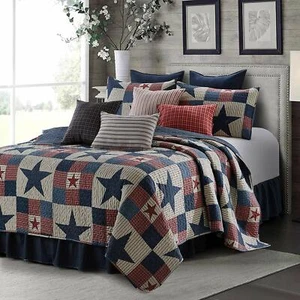 Full Queen King Stars Stripes Plaid Navy Red Rustic Cabin 3pc Quilt Set Coverlet - Picture 1 of 2