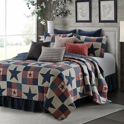 Full Queen King Stars Stripes Plaid Navy Red Rustic Cabin 3pc Quilt Set Coverlet - Image 1 of 2