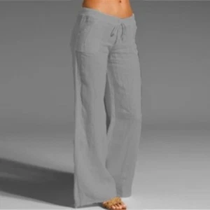 Women Casual Linen Blend Pants High Waist Wide Leg Trousers Drawstring Summer - Picture 1 of 14