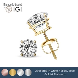 IGI 3.02 Carat EVS1 Round Cut Lab Grown Diamond Stud Earrings- 18k Yellow Gold - Picture 1 of 4