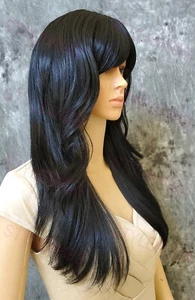 Peluca de mezcla de cabello humano Jet Black largas rectas capas puntas EVAN 1 - Imagen 1 de 8