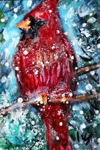 ORIGINAL männlicher Kardinal Vogel ACEO GEMÄLDE Winter rot VOGEL Schnee Tier Natur KUNST - Bild 1 von 1