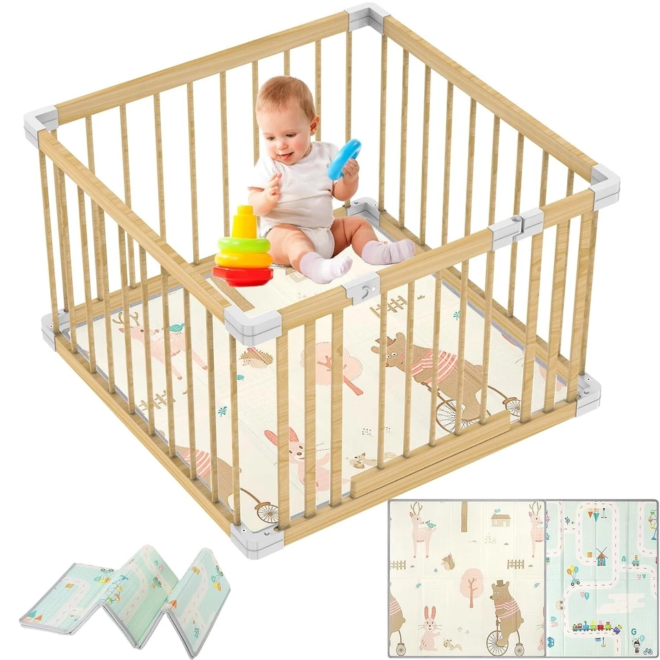 90x90cm Wooden Playpen Baby with Mat, Made from Solid Pine Wood, with Door - Image 1 of 4