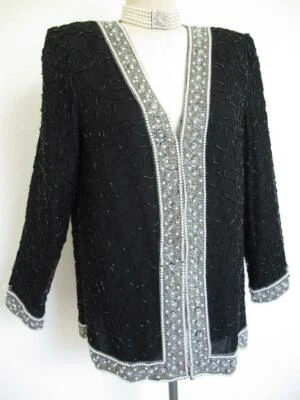 Chaqueta Trofeo Vintage Laurence Kazar Negra Seda L Plata Lentejuelas Perlas Cuentas Foto 1 de 4