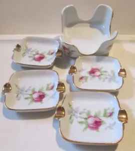 VINTAGE LEFTON PINK ROSES FLORAL AND GOLD NESTED ASHTRAYS WITH HOLDER never used - Picture 1 of 4