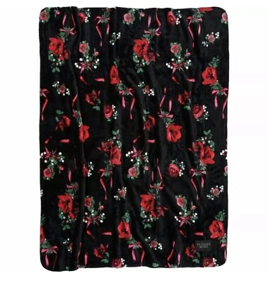 NUEVO Victoria's Secret Manta Sherpa Peluche Manta Negro Floral Foto 1 de 3
