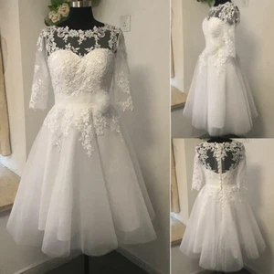 A-Line Elegant Wedding Dresses Half Sleeves Lace Appliques Short Bridal Gowns - Picture 1 of 6