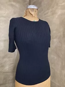 Neiman Marcus Black 100% SILK Ribbed Knit Sweater Top Short Sleeve Womens LUXE L - Picture 1 of 4