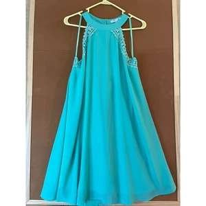 She + Sky Turquoise Dress Halter Neck Crochet Trim Sleeveless Size L - Picture 1 of 8