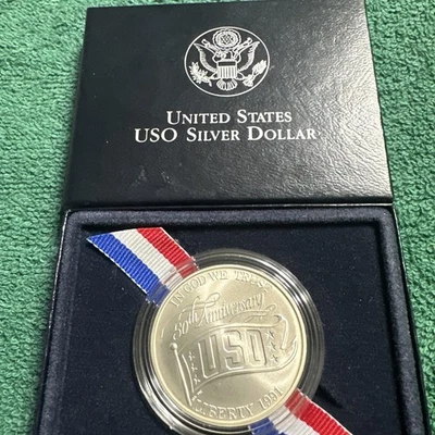 1991 D USO 50th Anniversary Proof Commemorative 90% Silver Dollar  Coin, BOX&COA - Image 1 of 3