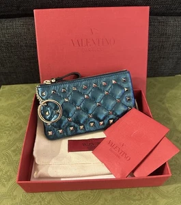 Valentino Garavani Rockstud Zip Pouch w/ Key Ring Crinkled Metallic Blue NWT! - Picture 1 of 17